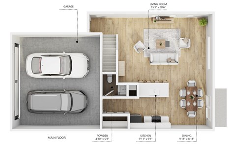 A floor plan of a house with a garage, living room, kitchen, dining room, and powder room.